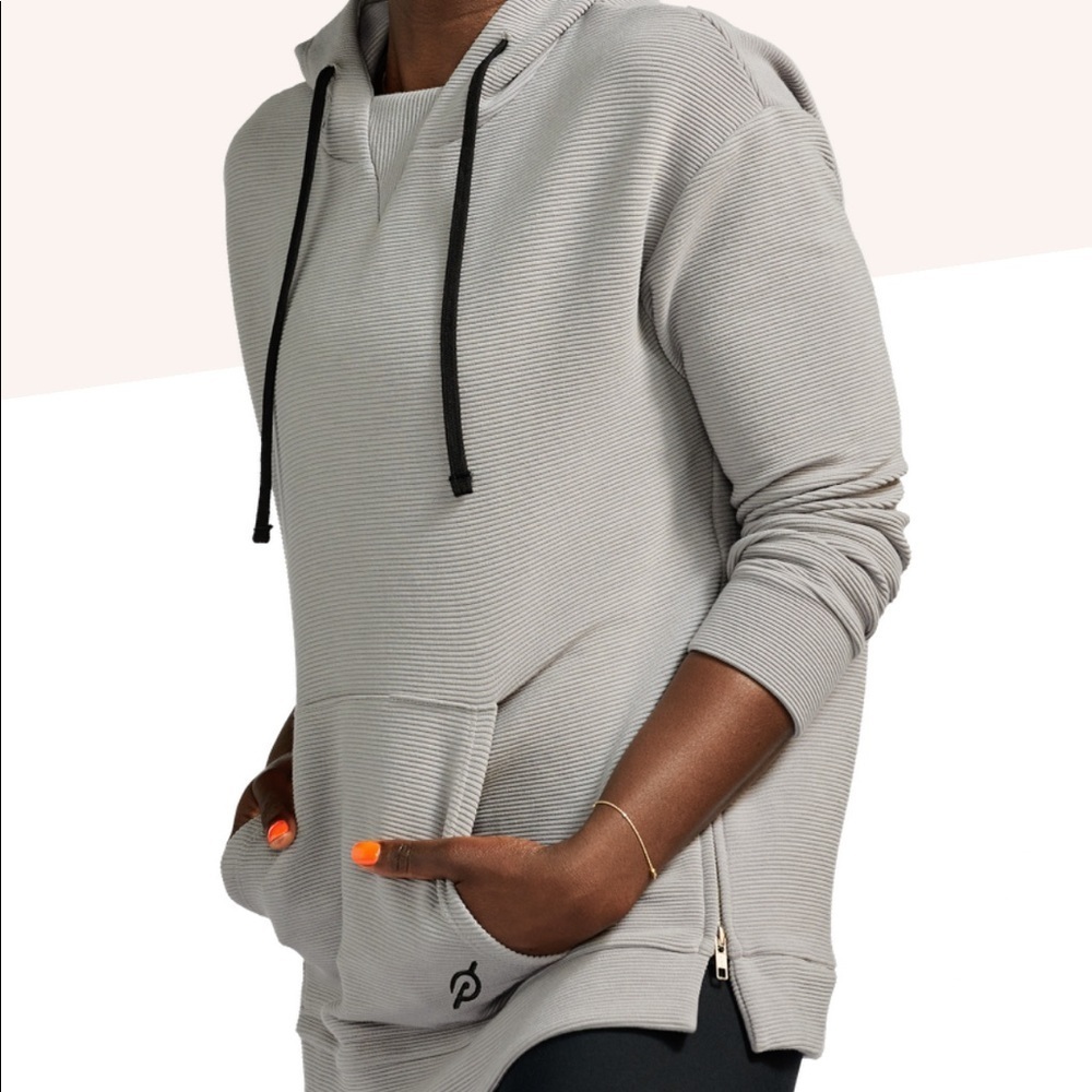 Peloton gray ribbed longer length side zip hooded sweatshirt